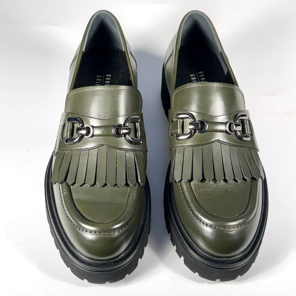 Olive Green Leather Chunky Loafers, Kiltie & Silver Chain Made in Italy 7.5 NWOT